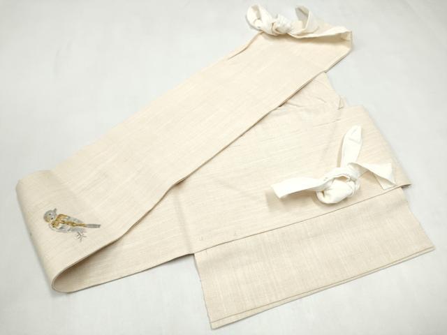 平和屋着物＊夏物　つけ帯　手描き　紬地　雀　正絹　逸品　CABL1160hy