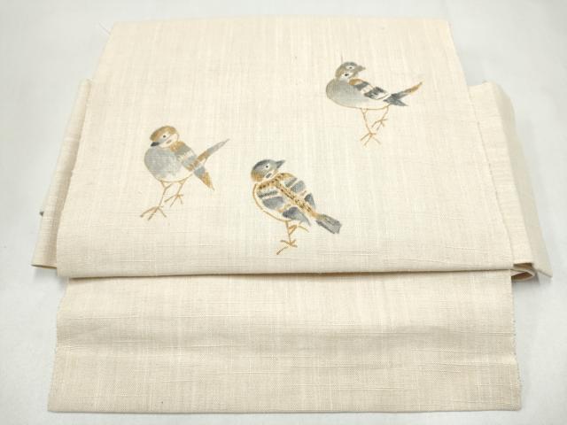 平和屋着物＊夏物　つけ帯　手描き　紬地　雀　正絹　逸品　CABL1160hy