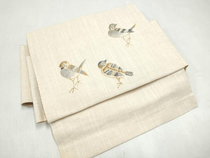 平和屋着物＊夏物　つけ帯　手描き　紬地　雀　正絹　逸品　CABL1160hy
