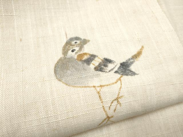 平和屋着物＊夏物　つけ帯　手描き　紬地　雀　正絹　逸品　CABL1160hy