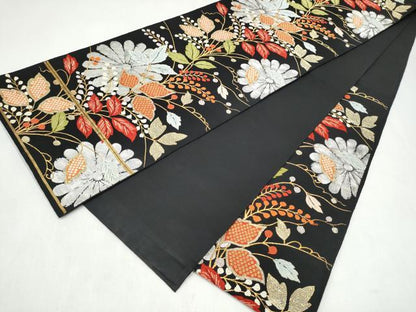 平和屋着物●六通柄　本袋帯　草花文　黒地　金銀糸　正絹　逸品　CABL1168hy