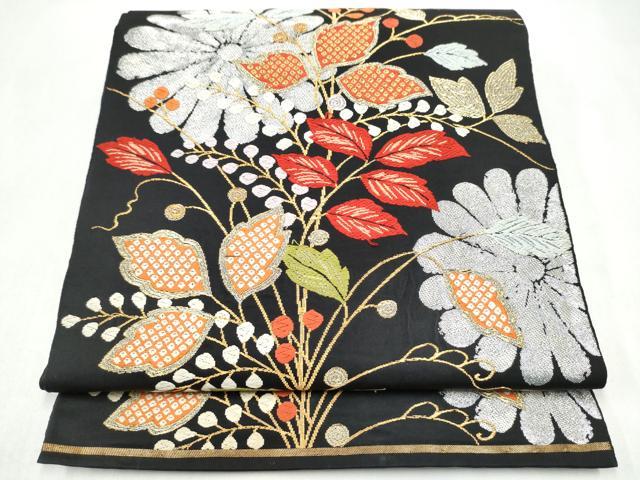 平和屋着物●六通柄　本袋帯　草花文　黒地　金銀糸　正絹　逸品　CABL1168hy