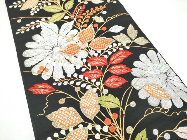 平和屋着物●六通柄　本袋帯　草花文　黒地　金銀糸　正絹　逸品　CABL1168hy