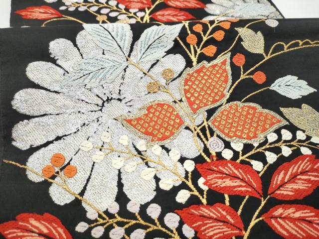 平和屋着物●六通柄　本袋帯　草花文　黒地　金銀糸　正絹　逸品　CABL1168hy