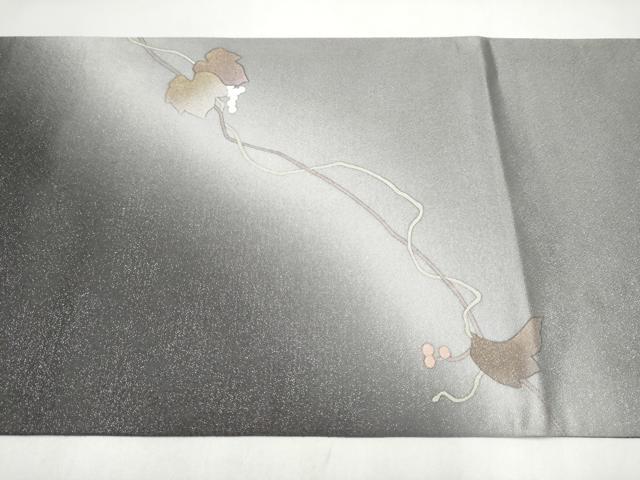 平和屋着物●太鼓柄袋帯　葡萄蔦の葉文　銀通し地　正絹　逸品　CABL1175hy