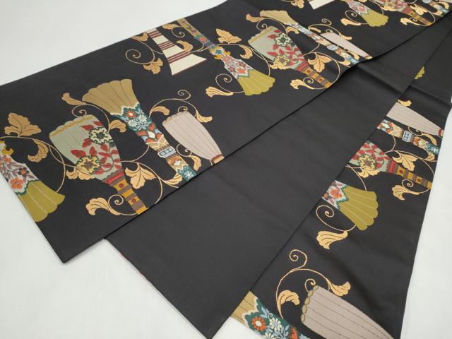 平和屋着物●西陣　鷹匠謹製　六通柄袋帯　吉祥花文　黒地　金糸　正絹　逸品　CABL1177hy