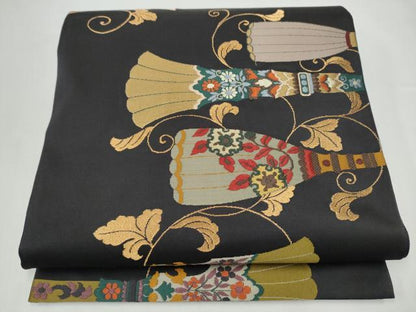 平和屋着物●西陣　鷹匠謹製　六通柄袋帯　吉祥花文　黒地　金糸　正絹　逸品　CABL1177hy