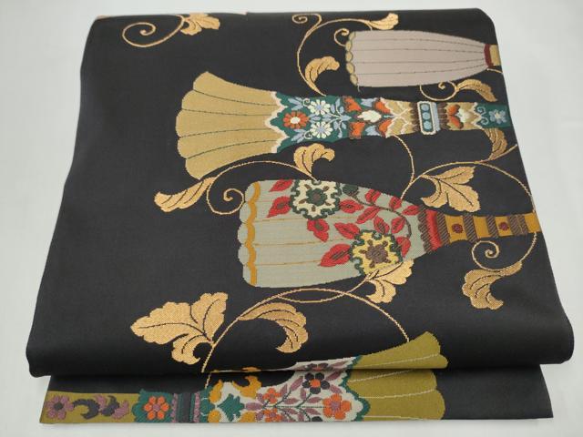 平和屋着物●西陣　鷹匠謹製　六通柄袋帯　吉祥花文　黒地　金糸　正絹　逸品　CABL1177hy