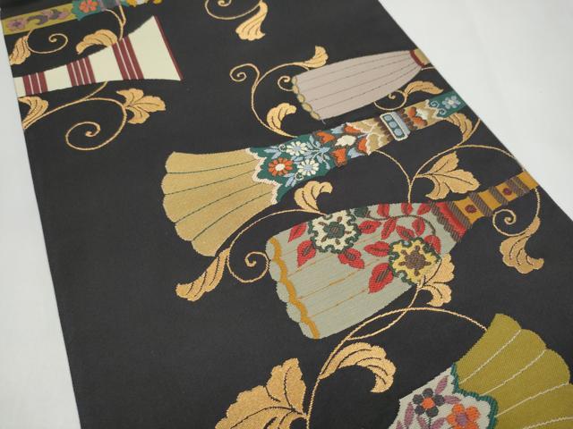 平和屋着物●西陣　鷹匠謹製　六通柄袋帯　吉祥花文　黒地　金糸　正絹　逸品　CABL1177hy