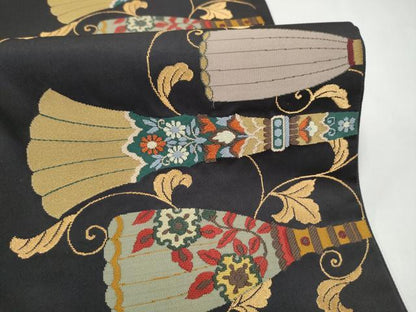 平和屋着物●西陣　鷹匠謹製　六通柄袋帯　吉祥花文　黒地　金糸　正絹　逸品　CABL1177hy
