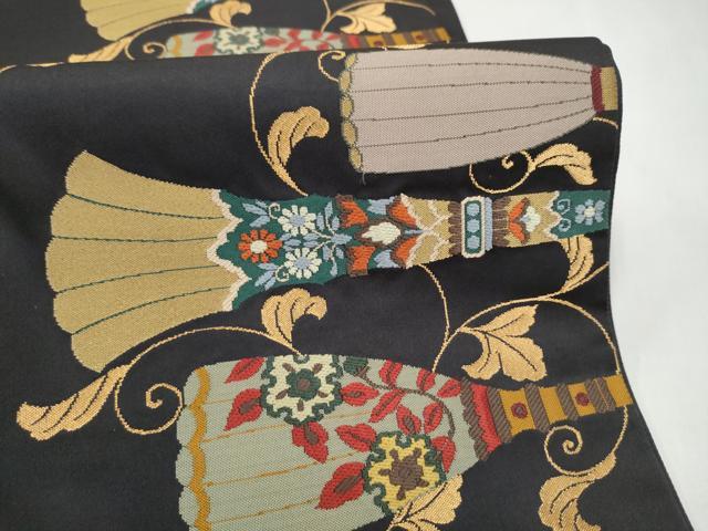 平和屋着物●西陣　鷹匠謹製　六通柄袋帯　吉祥花文　黒地　金糸　正絹　逸品　CABL1177hy