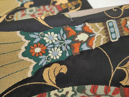 平和屋着物●西陣　鷹匠謹製　六通柄袋帯　吉祥花文　黒地　金糸　正絹　逸品　CABL1177hy