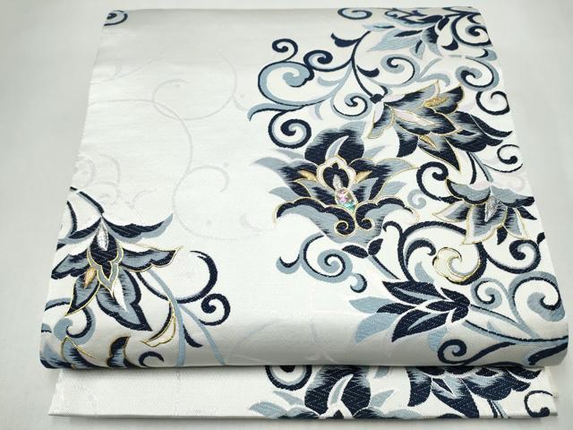 平和屋着物●袋帯　螺鈿　唐織　藍　更紗花唐草文　金彩　正絹　逸品　CABL1186hy