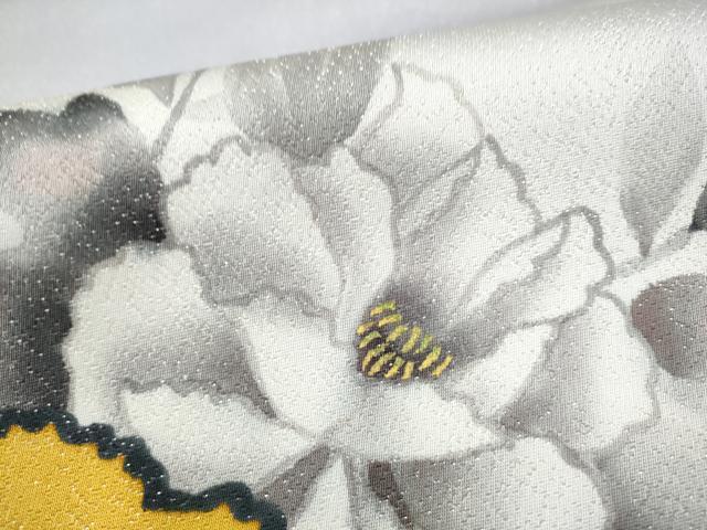 平和屋着物●太鼓柄袋帯　牡丹　銀通し地　正絹　逸品　CABL1190hy