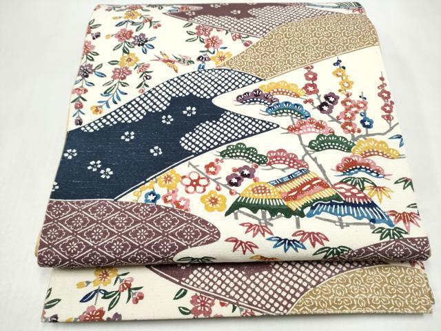 平和屋着物●全通柄袋帯　紬地　型染め　松竹梅風景文　正絹　逸品　CABL1194hy