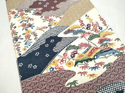 平和屋着物●全通柄袋帯　紬地　型染め　松竹梅風景文　正絹　逸品　CABL1194hy
