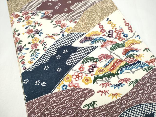平和屋着物●全通柄袋帯　紬地　型染め　松竹梅風景文　正絹　逸品　CABL1194hy