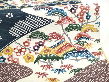 平和屋着物●全通柄袋帯　紬地　型染め　松竹梅風景文　正絹　逸品　CABL1194hy