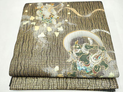 平和屋着物▽太鼓柄袋帯　スリーシーズン　春夏秋　螺鈿　風神雷神　金彩　正絹　逸品　CABL1198hy