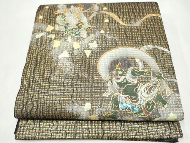 平和屋着物▽太鼓柄袋帯　スリーシーズン　春夏秋　螺鈿　風神雷神　金彩　正絹　逸品　CABL1198hy