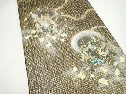 平和屋着物▽太鼓柄袋帯　スリーシーズン　春夏秋　螺鈿　風神雷神　金彩　正絹　逸品　CABL1198hy