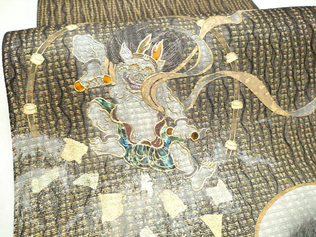 平和屋着物▽太鼓柄袋帯　スリーシーズン　春夏秋　螺鈿　風神雷神　金彩　正絹　逸品　CABL1198hy