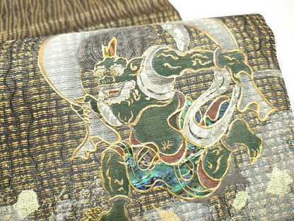 平和屋着物▽太鼓柄袋帯　スリーシーズン　春夏秋　螺鈿　風神雷神　金彩　正絹　逸品　CABL1198hy
