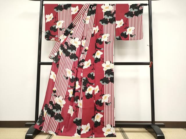 平和屋着物＊夏物　撫松庵　小紋・浴衣兼用　セオアルファ　枝花文　たとう紙付き　洗える着物　CABL1209tx