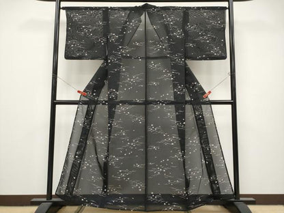 平和屋着物＊夏物　小紋　絽　扇面文　黒地　洗える着物　CABL1216tx