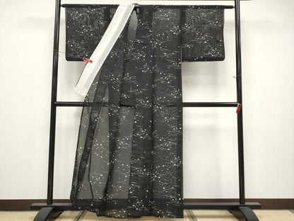 平和屋着物＊夏物　小紋　絽　扇面文　黒地　洗える着物　CABL1216tx