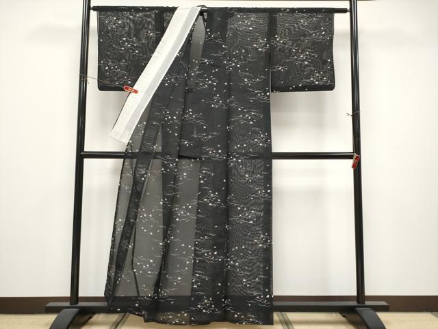 平和屋着物＊夏物　小紋　絽　扇面文　黒地　洗える着物　CABL1216tx