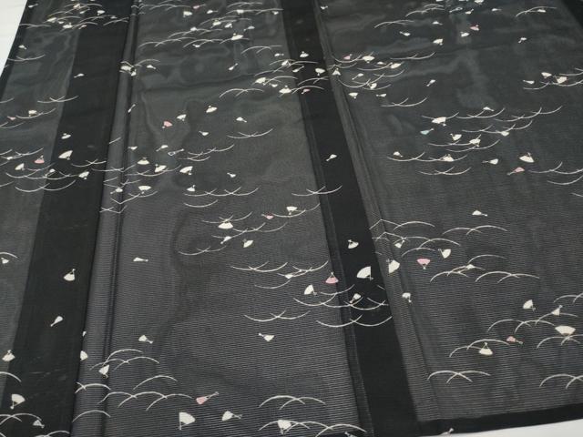 平和屋着物＊夏物　小紋　絽　扇面文　黒地　洗える着物　CABL1216tx