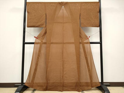 平和屋着物＊夏物　色無地　絽　霞紋紗　灰茶色　正絹　逸品　CABL1225tx
