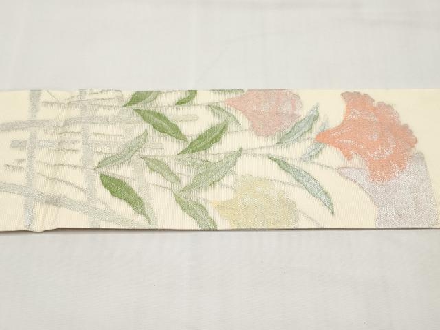 平和屋着物＊夏物　九寸名古屋帯　草花文　金銀糸　正絹　逸品　CABL1256tx