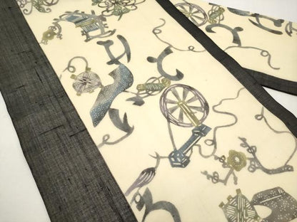 平和屋着物＊夏物　絹芭蕉　九寸名古屋帯　型染め　いろは歌　黒地　正絹　逸品　CABL1259tx