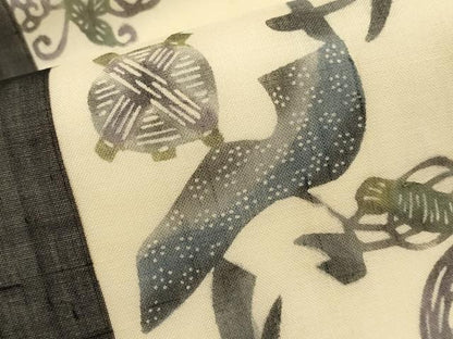 平和屋着物＊夏物　絹芭蕉　九寸名古屋帯　型染め　いろは歌　黒地　正絹　逸品　CABL1259tx