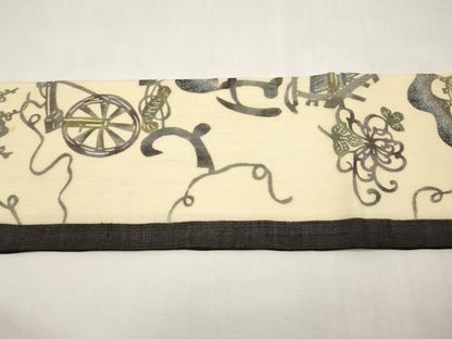 平和屋着物＊夏物　絹芭蕉　九寸名古屋帯　型染め　いろは歌　黒地　正絹　逸品　CABL1259tx
