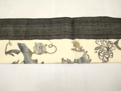平和屋着物＊夏物　絹芭蕉　九寸名古屋帯　型染め　いろは歌　黒地　正絹　逸品　CABL1259tx