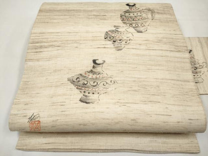 平和屋着物＊夏物　九寸名古屋帯　作家物　手描き　陶器文　麻　逸品　CABL1263tx