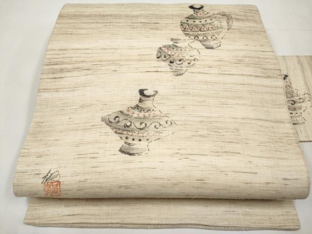 平和屋着物＊夏物　九寸名古屋帯　作家物　手描き　陶器文　麻　逸品　CABL1263tx