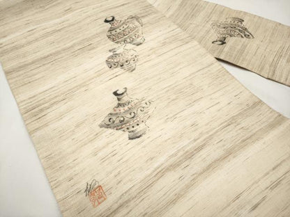 平和屋着物＊夏物　九寸名古屋帯　作家物　手描き　陶器文　麻　逸品　CABL1263tx