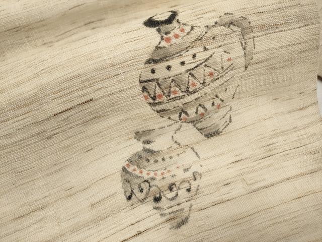 平和屋着物＊夏物　九寸名古屋帯　作家物　手描き　陶器文　麻　逸品　CABL1263tx