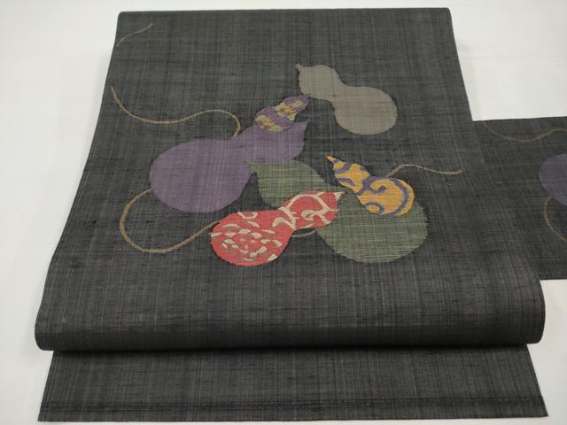 平和屋着物＊夏物　九寸名古屋帯　紬地　瓢箪　黒地　正絹　逸品　CABL1265tx