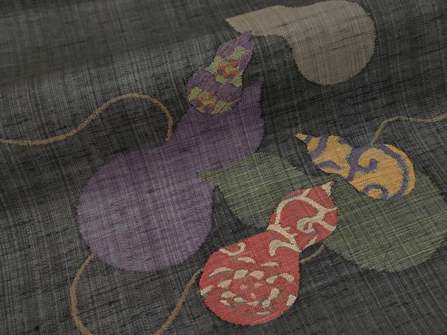 平和屋着物＊夏物　九寸名古屋帯　紬地　瓢箪　黒地　正絹　逸品　CABL1265tx