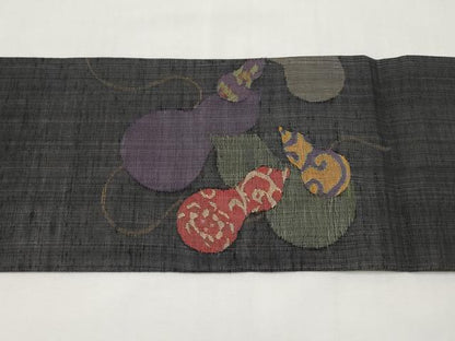 平和屋着物＊夏物　九寸名古屋帯　紬地　瓢箪　黒地　正絹　逸品　CABL1265tx