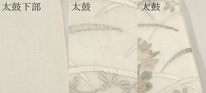 平和屋着物＊夏物　太鼓柄袋帯　絽刺し　区限刺繍　花丸文　金糸　正絹　逸品　CABL1296tx
