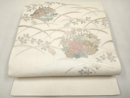 平和屋着物＊夏物　太鼓柄袋帯　絽刺し　区限刺繍　花丸文　金糸　正絹　逸品　CABL1296tx