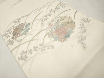 平和屋着物＊夏物　太鼓柄袋帯　絽刺し　区限刺繍　花丸文　金糸　正絹　逸品　CABL1296tx