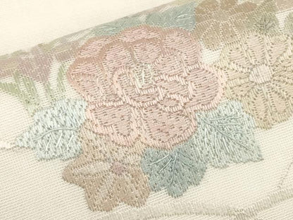 平和屋着物＊夏物　太鼓柄袋帯　絽刺し　区限刺繍　花丸文　金糸　正絹　逸品　CABL1296tx