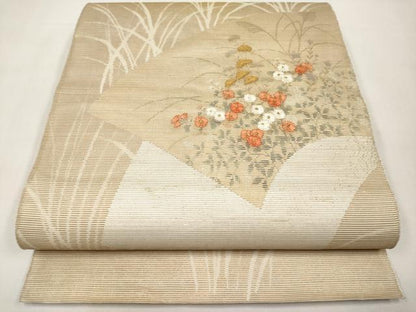 平和屋着物＊夏物　太鼓柄袋帯　刺繍　地紙花文　金銀糸　正絹　逸品　CABL1298tx